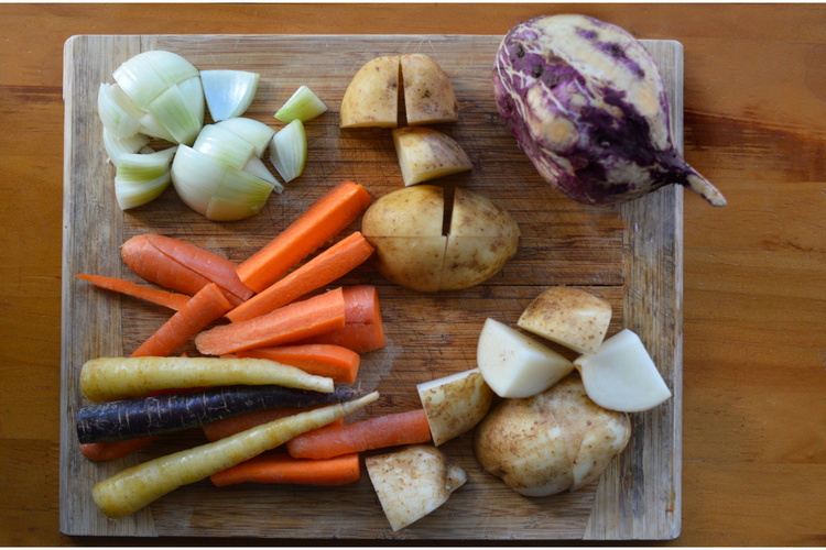 Chopped winter root vegetables flat lay